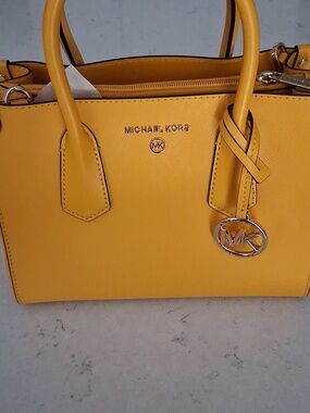 New Michael Kors Mustard Yellow Leather Satchel Crossbody with MK Charm